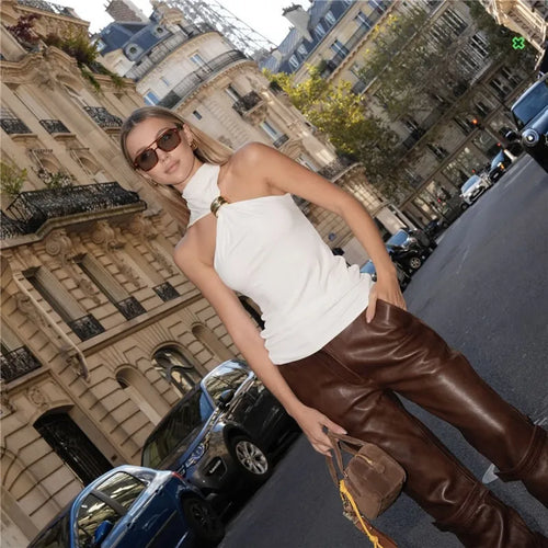 Load image into Gallery viewer, Turtleneck Basic Knit Tank Tops Women Vest Pullovers Metal Ring Camisole Sleeveless Skinny Knitted Tops Y2K Cropped Top
