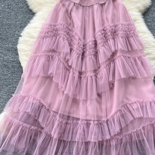 Load image into Gallery viewer, Retro Sweet Pink Lace Elegant Sequined Long Dress Round Neck Women Summer Short Sleeve Ruffles Evening Party Princess Dress Chic
