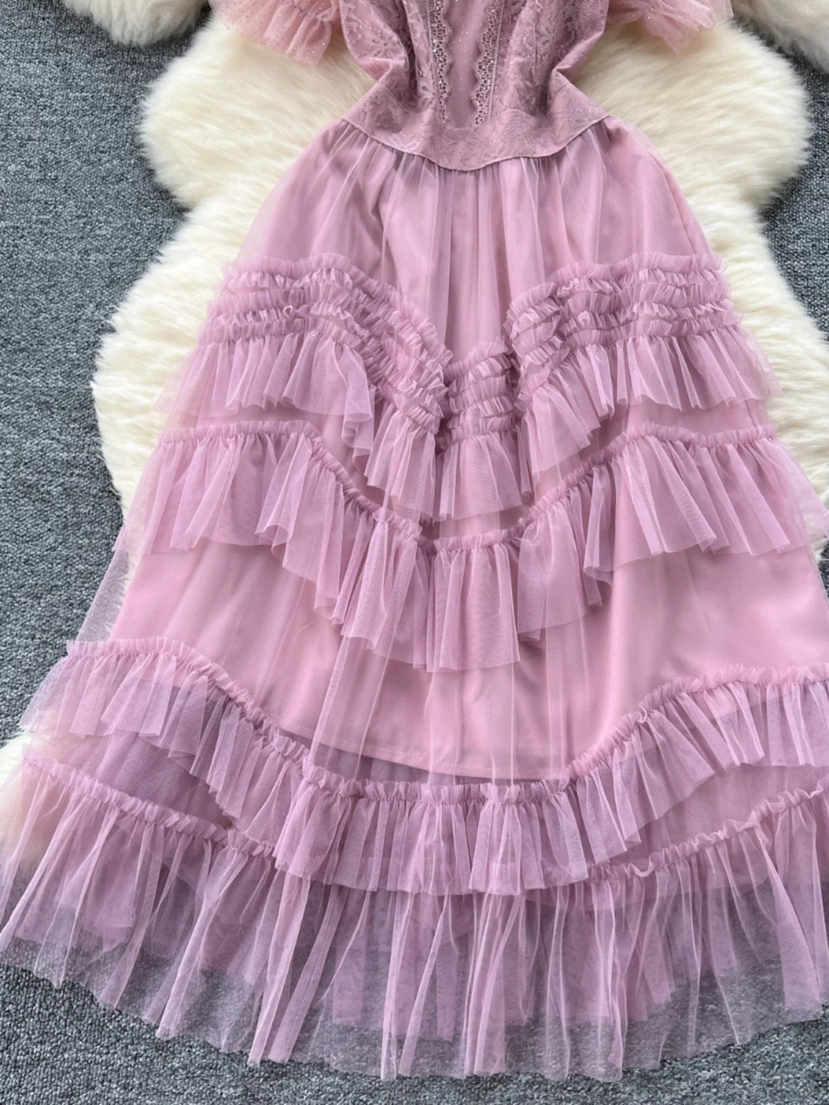 Retro Sweet Pink Lace Elegant Sequined Long Dress Round Neck Women Summer Short Sleeve Ruffles Evening Party Princess Dress Chic