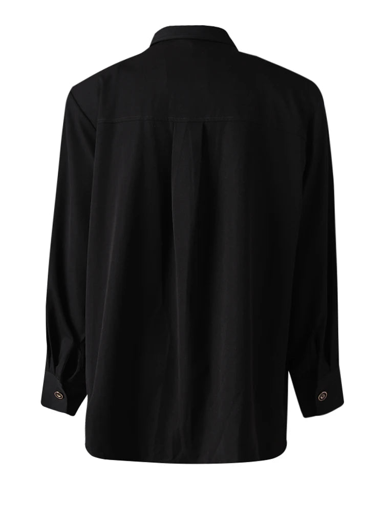 Women Blue Rivet Shoulder Padded Big Size Blouse New Lapel Long Sleeve Shirt Fashion Tide Spring Autumn 2025 CPG3097