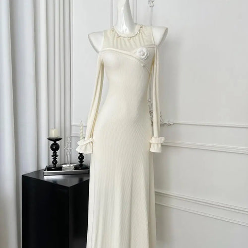 Load image into Gallery viewer, French Vintage Beige Pearl Patchwork Lace Off Shoulder Dress Sexy Round Neck Long Sleeved Elegant Party Evening Gown Dress Trend
