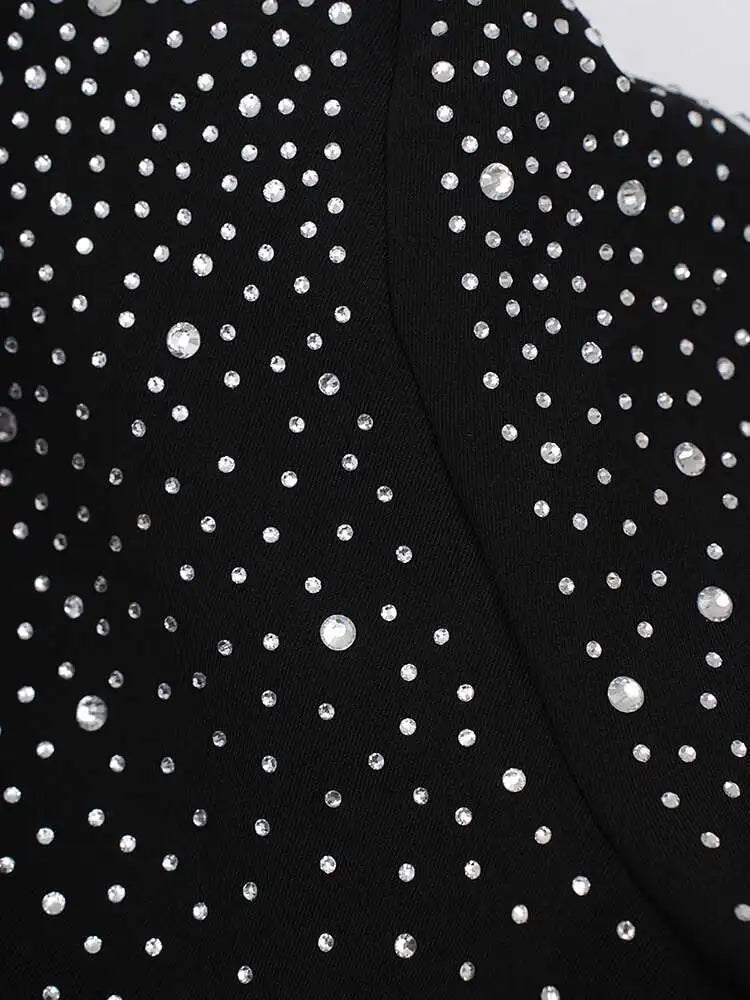Women Black Rhinestones Shining Big Size Elegant Blazer New Lapel Long Sleeve Jacket Fashion Spring Autumn 2025 CPG2248