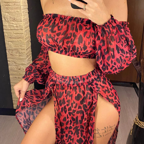 Load image into Gallery viewer, Leopard Off Shoulder Long Sleeve 2 Pieces Set Beach Cover Up Cover-ups Beach Dress Beach Wear Beachwear Female Women V3728
