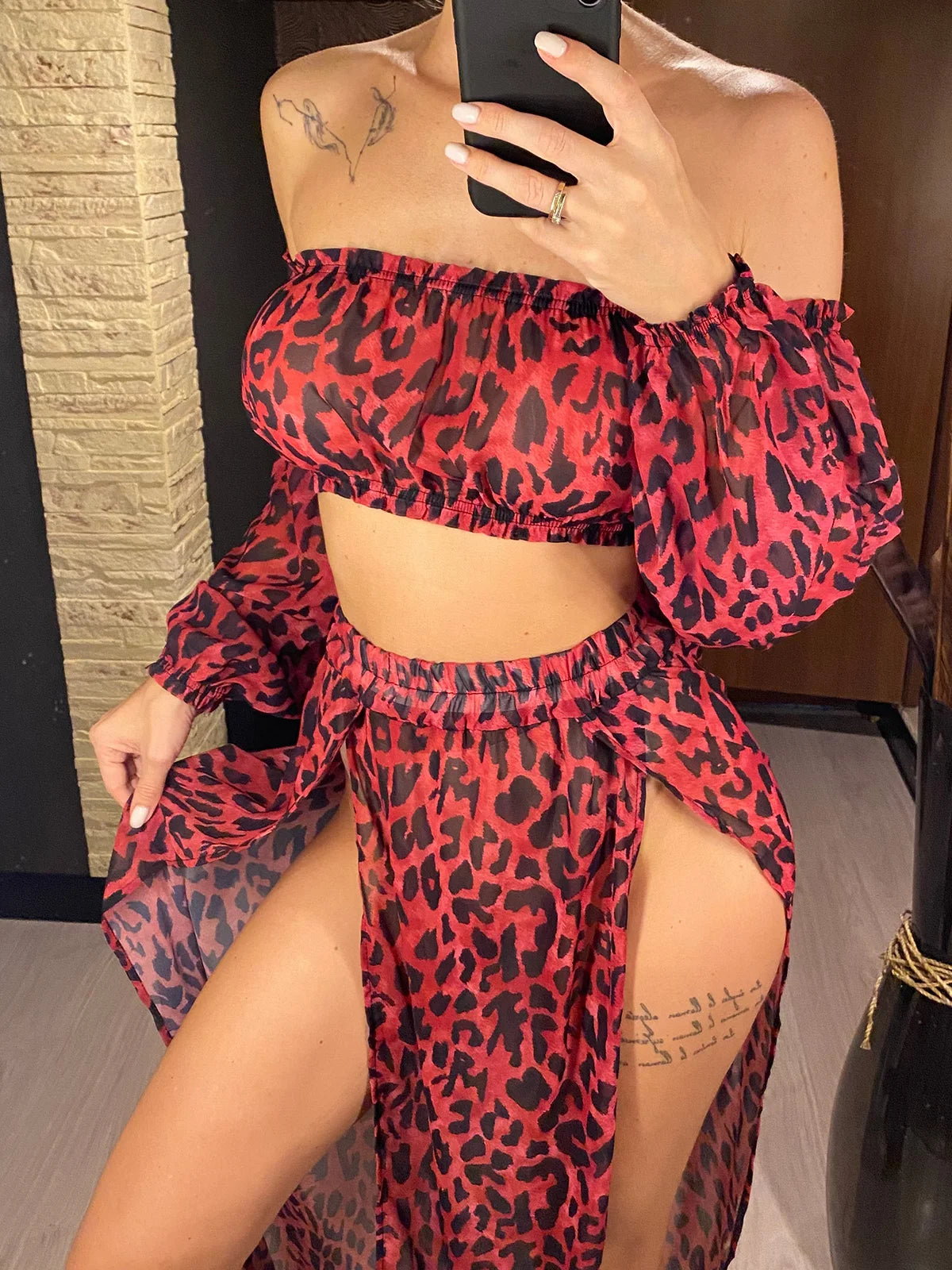 Leopard Off Shoulder Long Sleeve 2 Pieces Set Beach Cover Up Cover-ups Beach Dress Beach Wear Beachwear Female Women V3728