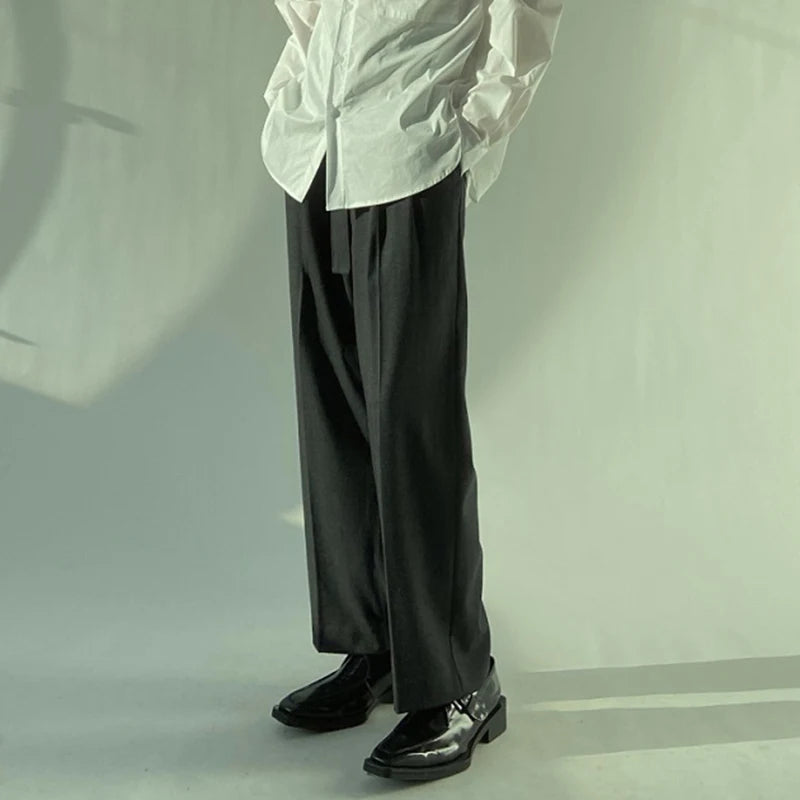 Simple Men's Suit Pants Pleated Belt Solid Color Droop High Waist Trousers Straight Wide Leg Loose Male Bottom New 9C9238