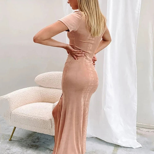 Load image into Gallery viewer, Summer Single-breasted Bodycon Maxi Dresses For Women Short Sleeve See Through Beach Dress Solid V-neck Party Vestidos
