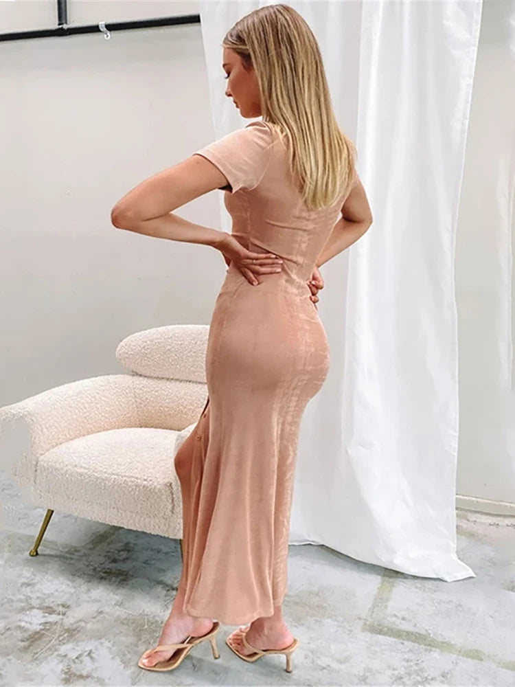 Summer Single-breasted Bodycon Maxi Dresses For Women Short Sleeve See Through Beach Dress Solid V-neck Party Vestidos