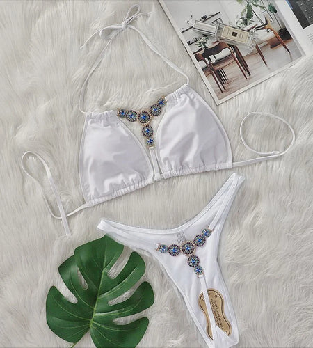 Female Halter Thong Swimsuit 2024 Luxury Rhinestone T-back Bikini Women Swimwear Push Up Bikini Set Sexy Bathing Suit