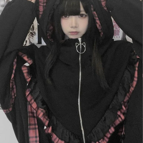 Load image into Gallery viewer, Y2k Aesthetic Lace Ruffle Plaid Hoodies Thick Y2k Jacket Women Kawaii Streetwear Harajuku Coats Casual Loose Grunge Kawaii Coats
