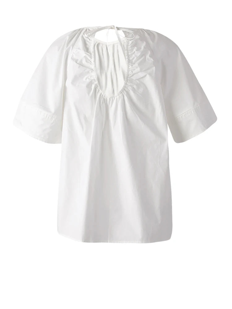 Women Yellow Backless Bandage Big Size Blouse New Round Neck Short Sleeve Shirt Fashion Tide Spring Summer 2025 CPG3248