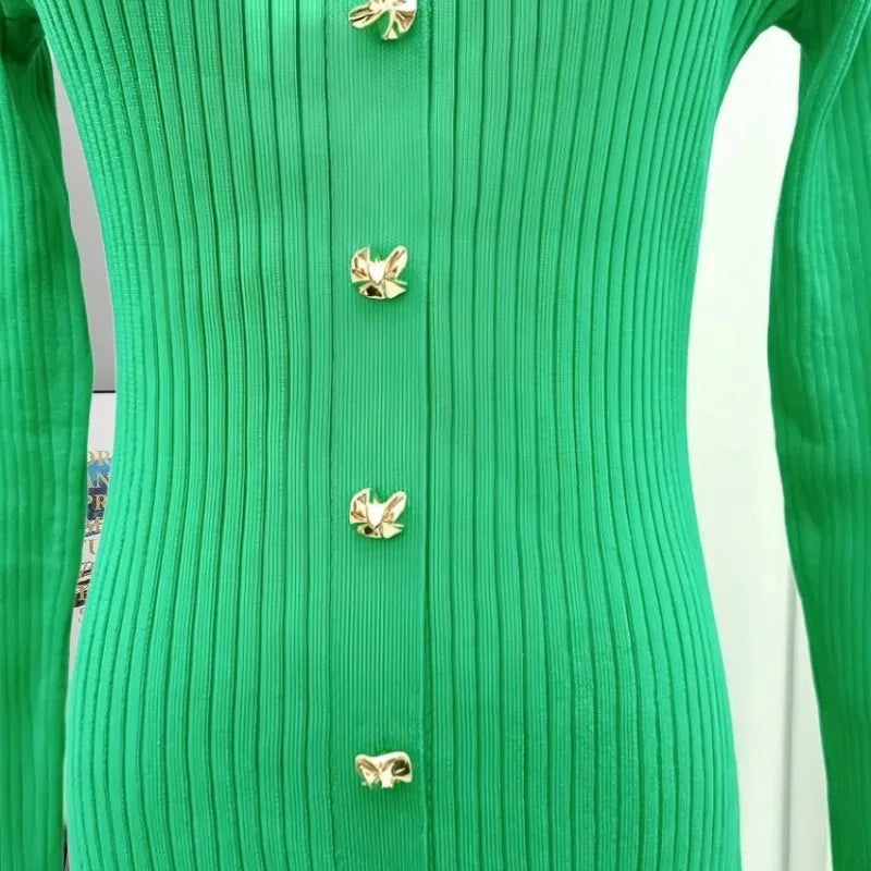 Autumn Winter Solid Elegant Office Lady Knitted Dress Women Slim Long Sleelve Single Breasted Dresses Fashion Simplicity Fashion