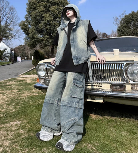 Men's New Spring Pants Denim Set Hooded Vest Solid Color Male Jeans Multi Pockets Stylish American Fashion Menwear 9W1509