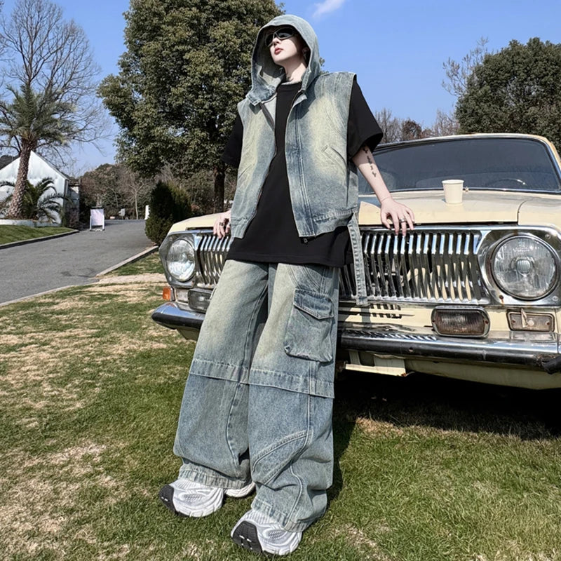 Men's New Spring Pants Denim Set Hooded Vest Solid Color Male Jeans Multi Pockets Stylish American Fashion Menwear 9W1509