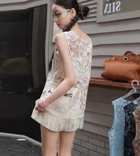 Solid Hollow Out Loose T Shirts For Women O Neck Sleeveless Minimalist Casual Spliced Tassel T Shirts Female New