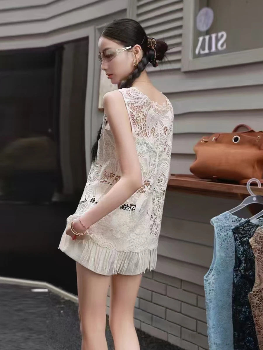 Solid Hollow Out Loose T Shirts For Women O Neck Sleeveless Minimalist Casual Spliced Tassel T Shirts Female New