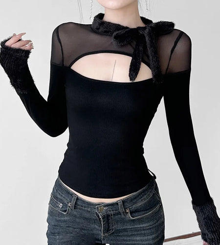 Coquette Top y2k Clothes Women Solid Color Sheer See Through Round Neck Long Sleeve Mesh T Shirt with Bow Streetwear
