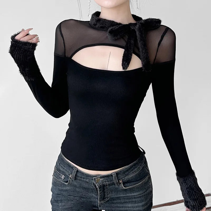 Coquette Top y2k Clothes Women Solid Color Sheer See Through Round Neck Long Sleeve Mesh T Shirt with Bow Streetwear