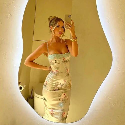 Load image into Gallery viewer, Spaghetti Strap Lace Print Midi Dress for Women Robe Strapless Backless High Waist Bodycon Club Party Long Dress
