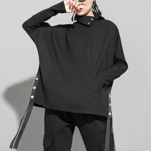 Load image into Gallery viewer, Women Black Irregular Ribbon Big Size Casual T-shirt New Turtleneck Long Sleeve Fashion Tide Spring Autumn 2025 1DF5280
