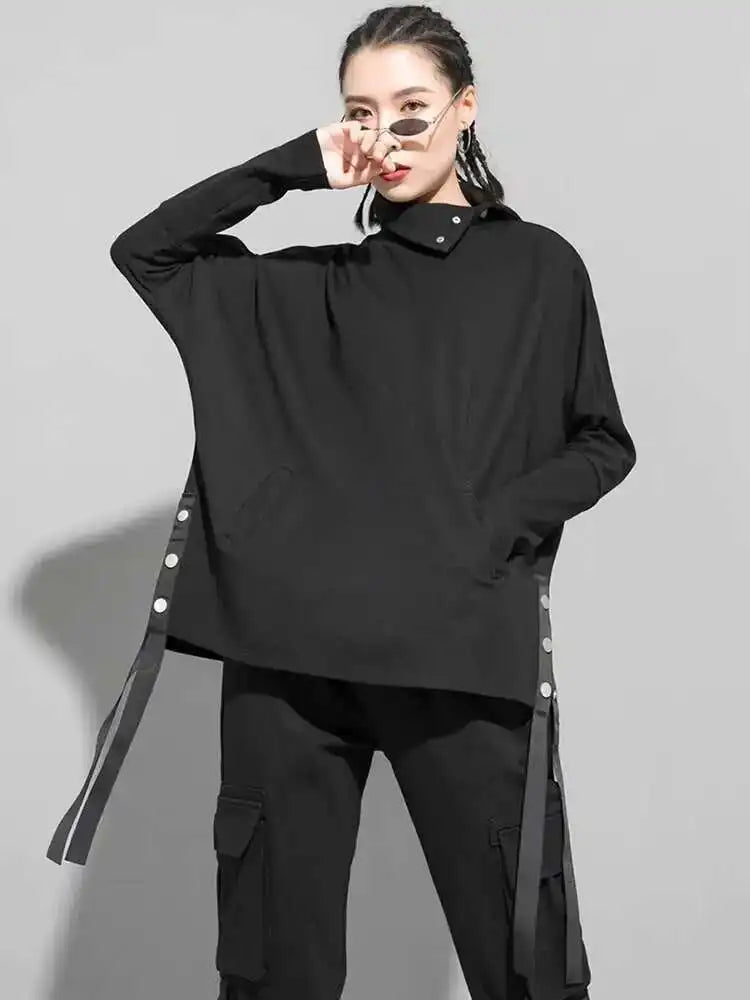 Women Black Irregular Ribbon Big Size Casual T-shirt New Turtleneck Long Sleeve Fashion Tide Spring Autumn 2025 1DF5280