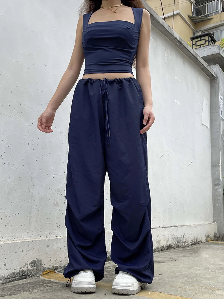 Streetwear Drawstring Low Waist Casual Blue Women's Pants Harajuku Baggy Trousers Hip Hop Wide Leg Capris Summer Chic