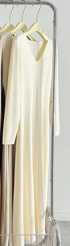 Load image into Gallery viewer, French Women's Autumn Winter Elegant Slim Knitted Sweater Dress Solid V-neck Long Sleeved Office Dress Fashion Simplicity Trendy
