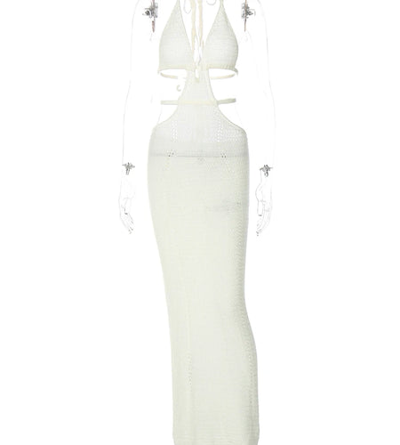 Crochet Halter Sleeveless Backless Solid Hollow Out Bandage Sexy Slim Maxi Prom Dress 2022 Winter Festival Party Outfit