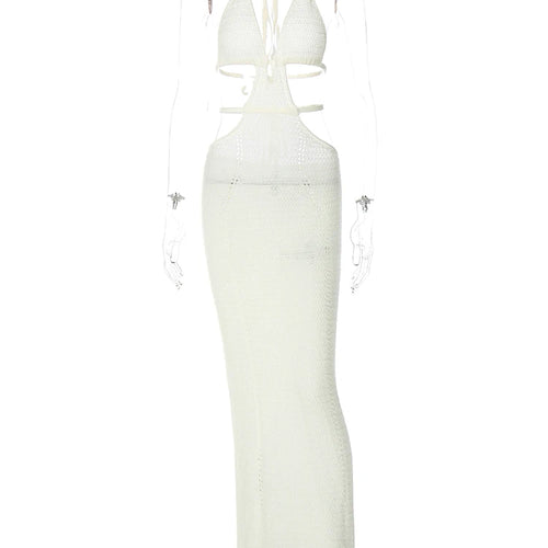 Load image into Gallery viewer, Crochet Halter Sleeveless Backless Solid Hollow Out Bandage Sexy Slim Maxi Prom Dress 2022 Winter Festival Party Outfit
