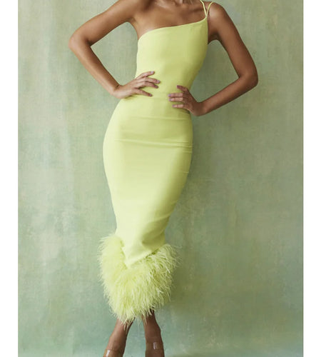 Elegant Spaghetti Strap Feather Midi Dress For Women Robe Fashion Sexy Backless Bodycon Club Party Dress Vestido