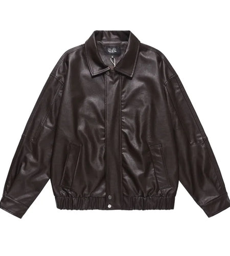 Men's PU Leather Jacket American Solid Color Motorcycle Jackets Streetwear Loose Turn-down Collar Trendy Spring 9W1462