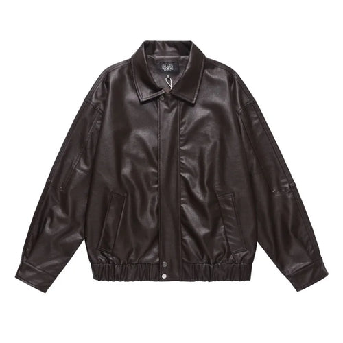 Load image into Gallery viewer, Men&#39;s PU Leather Jacket American Solid Color Motorcycle Jackets Streetwear Loose Turn-down Collar Trendy Spring 9W1462
