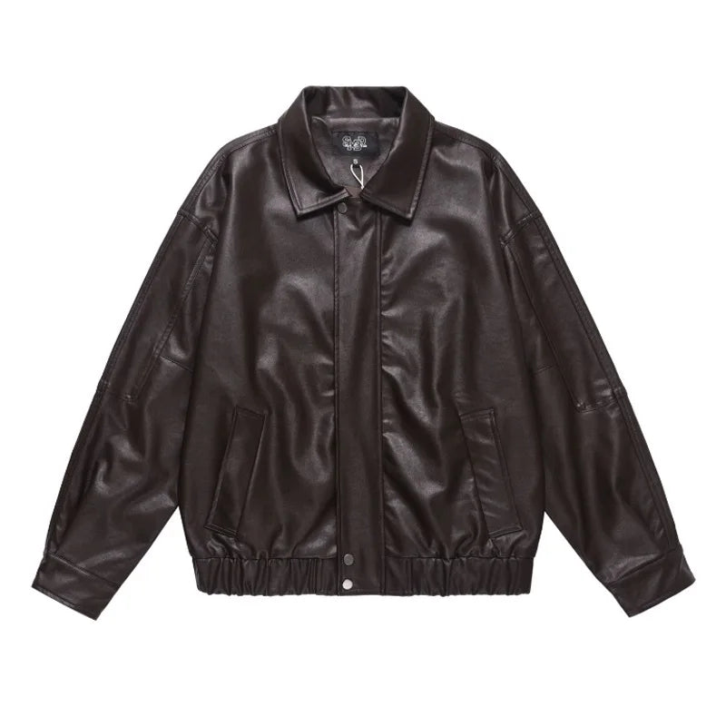 Men's PU Leather Jacket American Solid Color Motorcycle Jackets Streetwear Loose Turn-down Collar Trendy Spring 9W1462