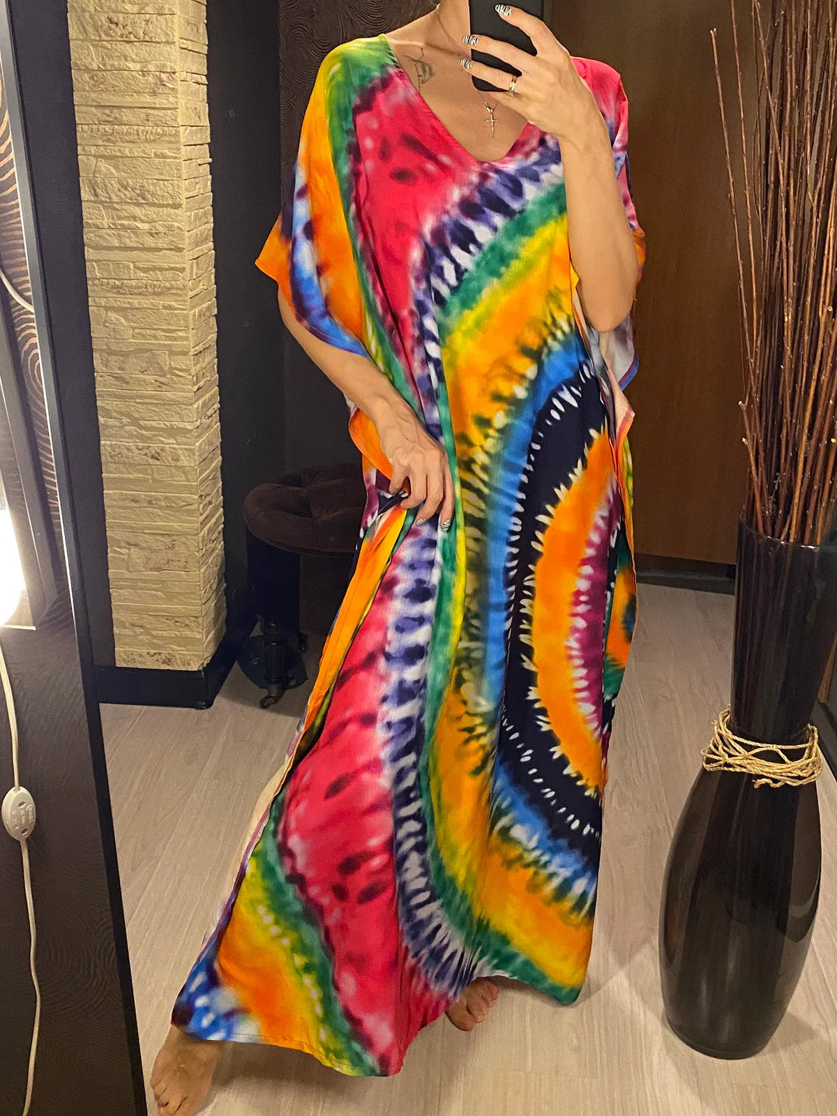 Colorful Kaftan Tunic Beach Cover Up Cover-ups Beach Dress Beach Wear Beachwear Loose Maxi Dress Female Women V4428