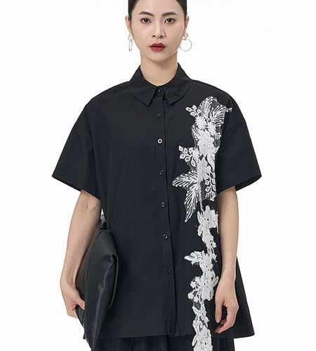 Women Black Appliques Irregular Big Size Casual Blouse New Lapel Short Sleeve Shirt Fashion Spring Summer 2025 1DJ1501