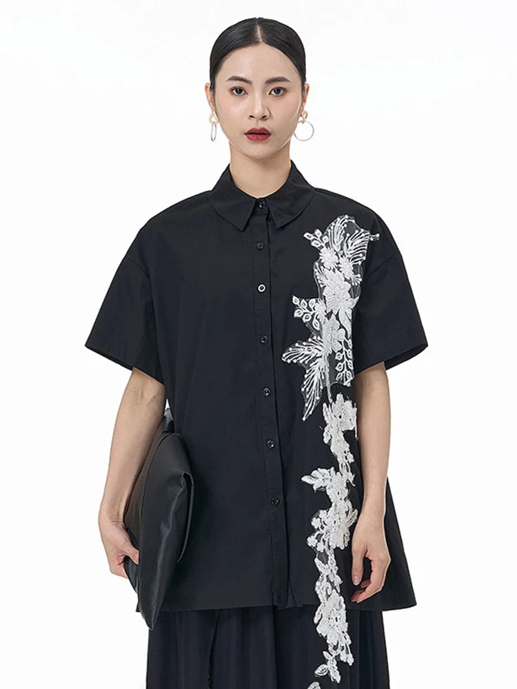 Women Black Appliques Irregular Big Size Casual Blouse New Lapel Short Sleeve Shirt Fashion Spring Summer 2025 1DJ1501