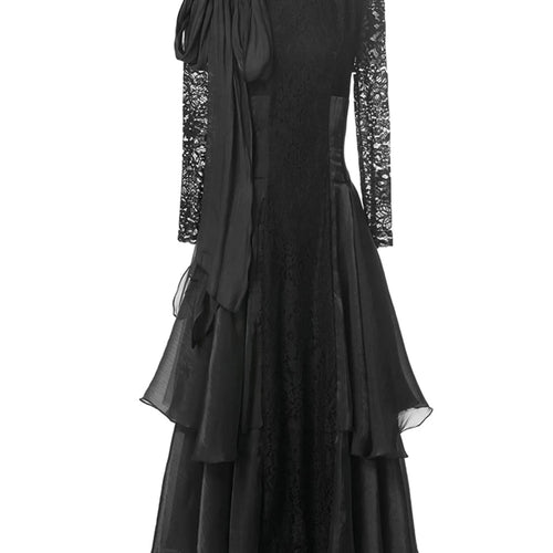 Load image into Gallery viewer, Solid Spliced Lace Up Long Dresses For Women O Neck Long Sleeve High Waist Temperament Dress Female Fashion Style
