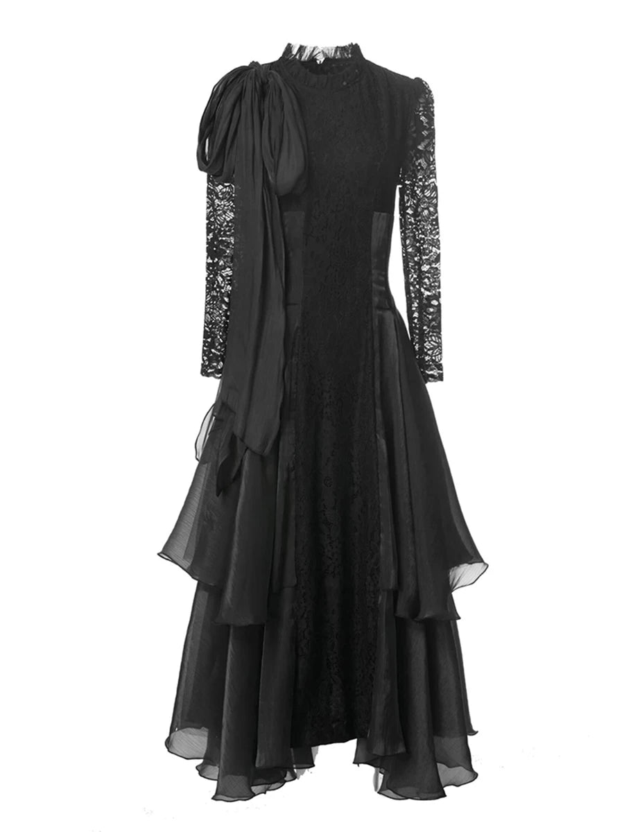 Solid Spliced Lace Up Long Dresses For Women O Neck Long Sleeve High Waist Temperament Dress Female Fashion Style