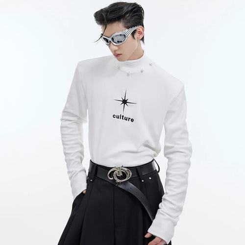 Load image into Gallery viewer, Autumn Trendy Men&#39;s Wear Men&#39;s T-shirt Stand Collar Pearl Decoration Print Contrast Color Slim Long Sleeve Top 9C4452
