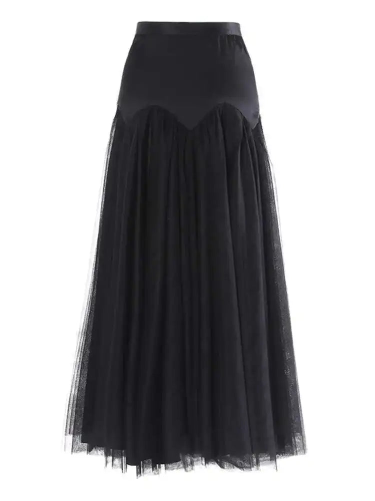 High Waist Gray Mesh Color-block Spliced Elegant A-line Half-body Skirt Women Fashion Tide New Spring Autumn 2025 1DH9838