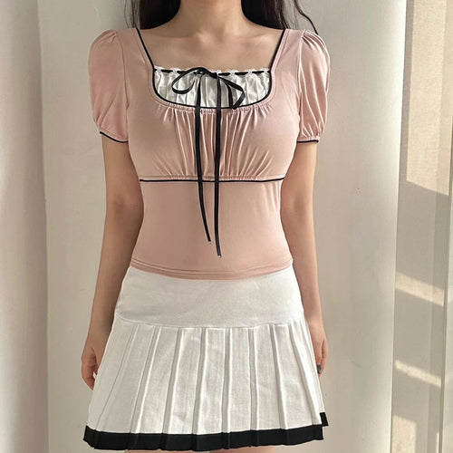 Load image into Gallery viewer, Sweet Y2K Aesthetic Folds Chic Summer Tee Shirts Women Bodycon Patched Tie-Up Bow Square Neck Short Top Kawaii Korean
