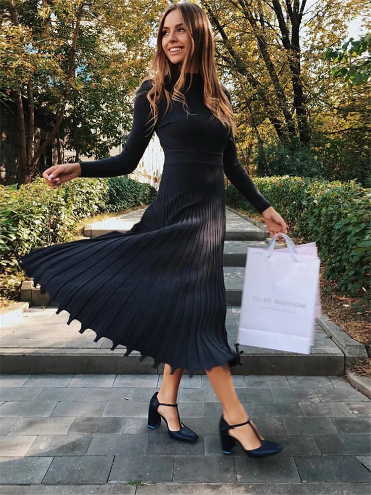Women Knitted Long Dress Ribbed Elegant Midi Bodycon Sweater Dress Official Ladies Bandage Pleated Dresses Streetweear