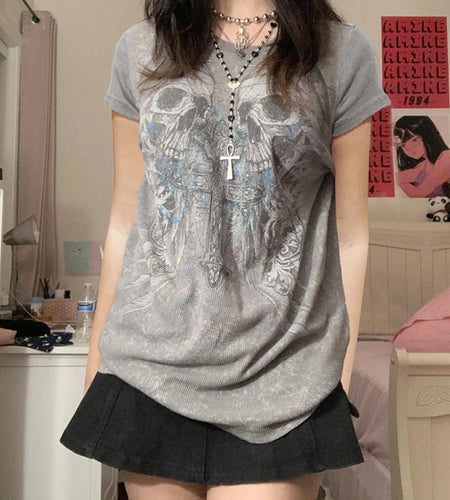y2k Skull Tops Women Gothic Punk Clothes Vintage Graphic Print Round Neck Short Sleeve T Shirt Sweats 2000s Streetwear