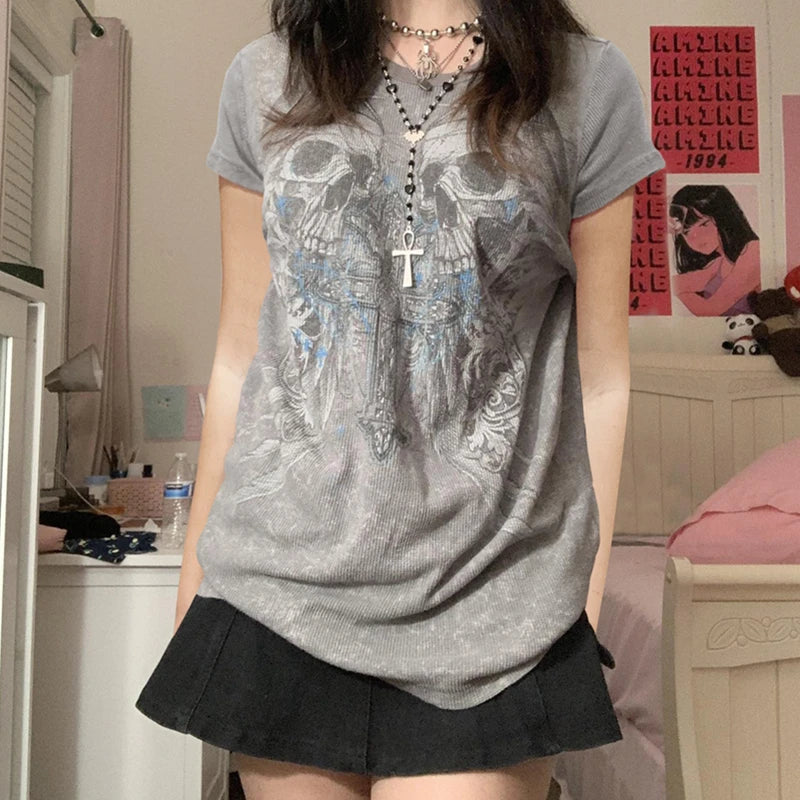 y2k Skull Tops Women Gothic Punk Clothes Vintage Graphic Print Round Neck Short Sleeve T Shirt Sweats 2000s Streetwear