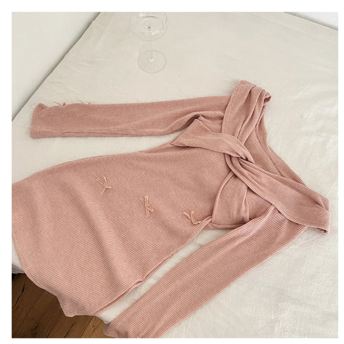 Load image into Gallery viewer, Spring Autumn New Pink Temperament Long Sleeved Knitted Mini Dress Women V Neck Pleated Sexy Wrap Hip Bow Short Dress Simplicity
