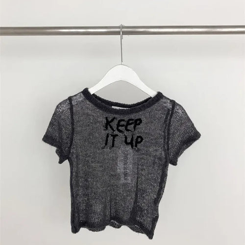 Load image into Gallery viewer, Knit Woman Tshirts Short Sleeve O-neck Tees Fashion Korean Camisetas Embroidery Letter T-shirt Casual See Through Sexy T Shirts
