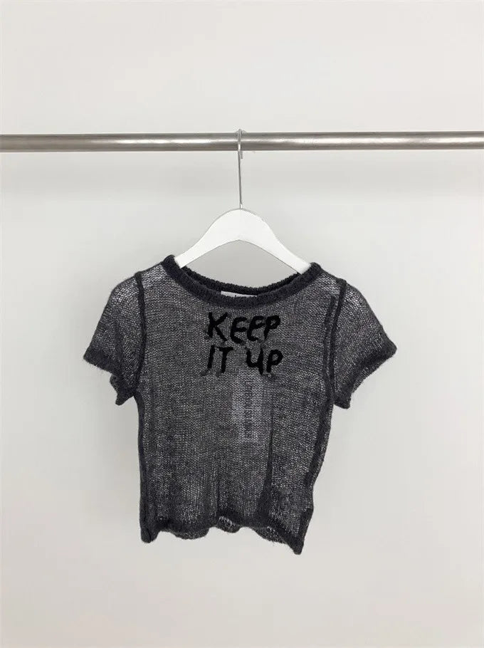 Knit Woman Tshirts Short Sleeve O-neck Tees Fashion Korean Camisetas Embroidery Letter T-shirt Casual See Through Sexy T Shirts