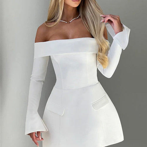 Load image into Gallery viewer, Off-shoulder Long Sleeve Sexy Mini Dress For Women Two Pocket Strapless Backless A-line Club Party Sexy Dress Elegant
