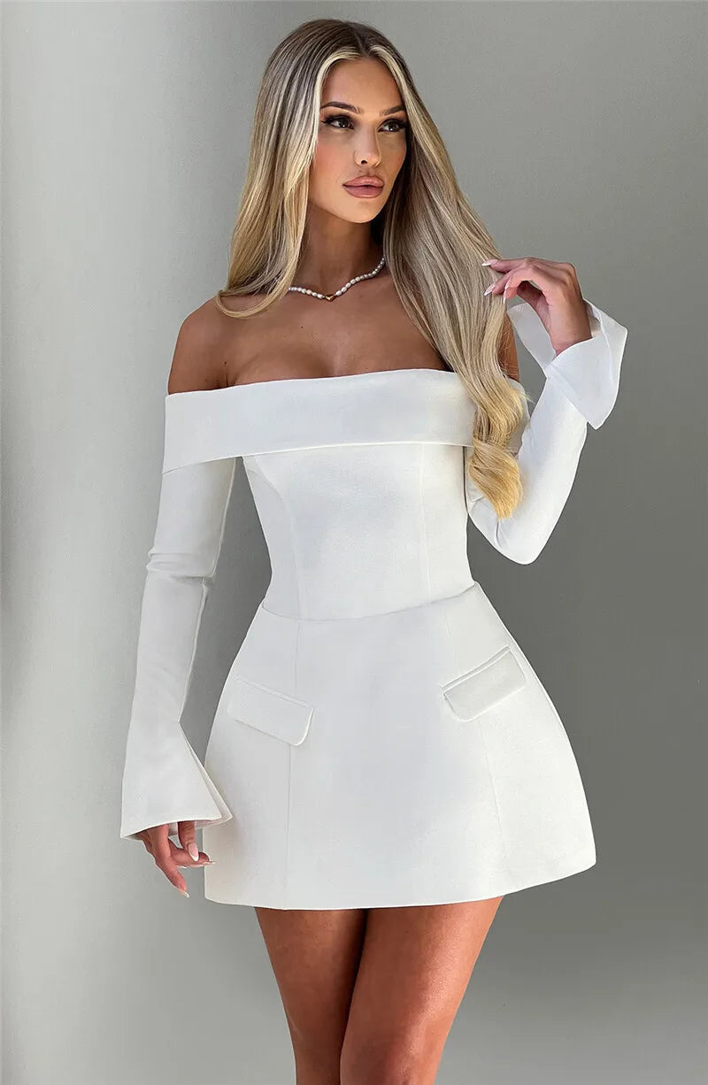 Off-shoulder Long Sleeve Sexy Mini Dress For Women Two Pocket Strapless Backless A-line Club Party Sexy Dress Elegant