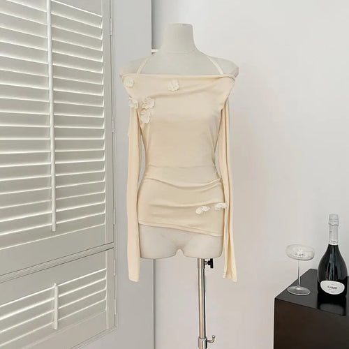 Load image into Gallery viewer, French Women Beige Flower Decorate Slim Pleated Short Tops Spring Autumn Purple Elegant Long Sleeve Off Shoulder Halter T Shirt
