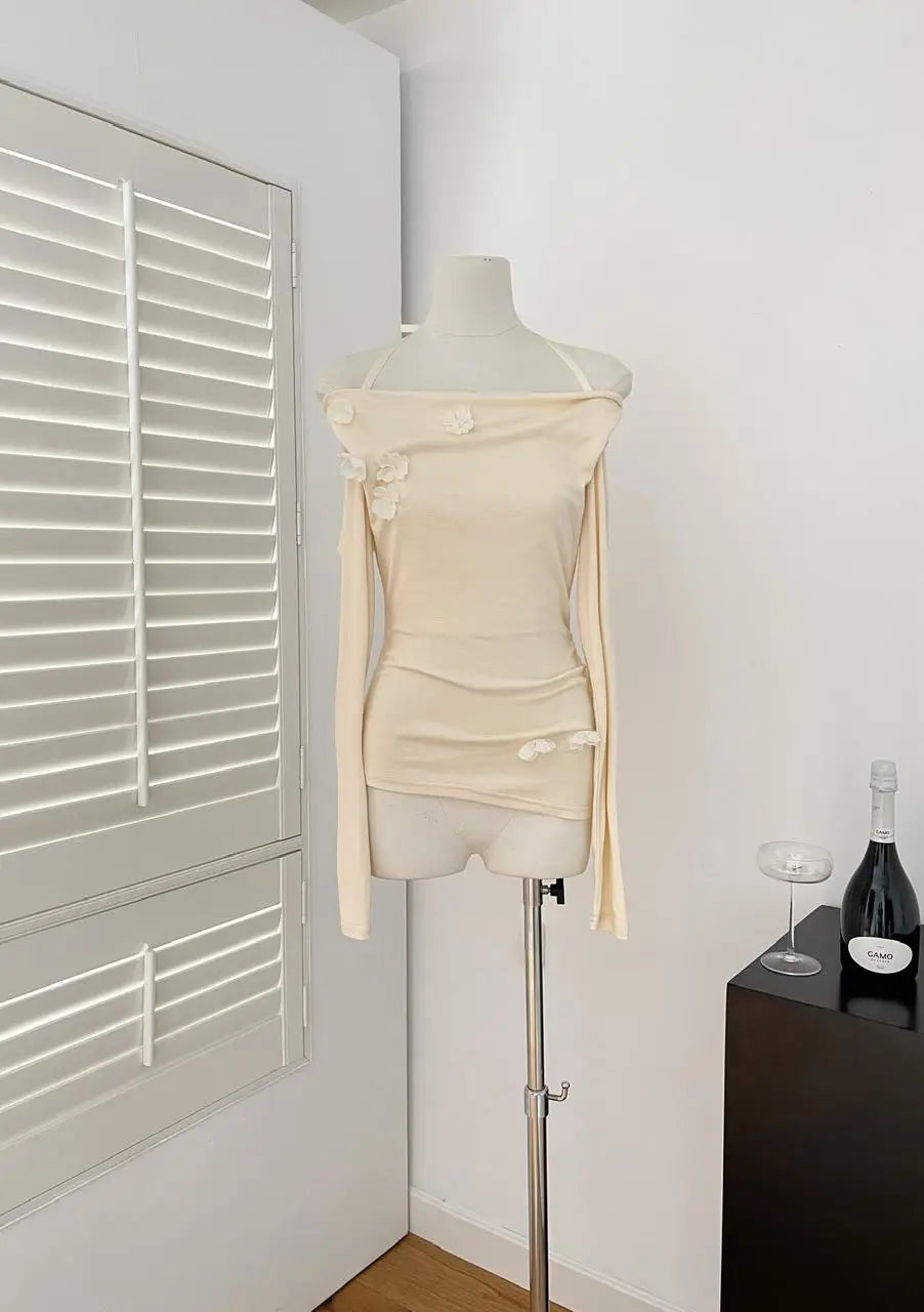 French Women Beige Flower Decorate Slim Pleated Short Tops Spring Autumn Purple Elegant Long Sleeve Off Shoulder Halter T Shirt